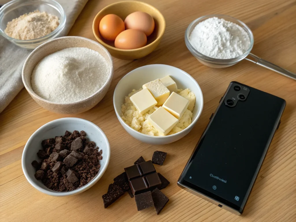 Ingredients for double chunk chocolate cookies with chocolate chunks