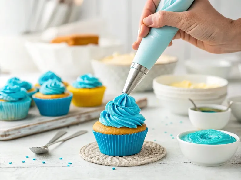 A hand using a piping bag to fill a gender reveal cupcake with bright blue frosting.