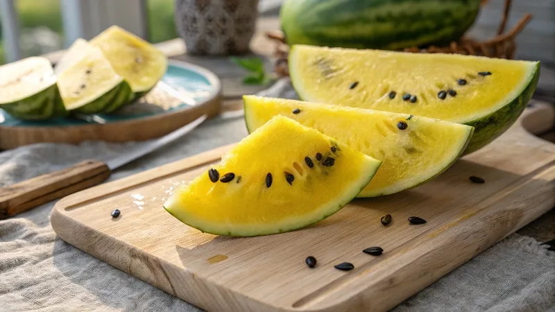 Freshly sliced yellow watermelon with bright yellow flesh and juicy texture