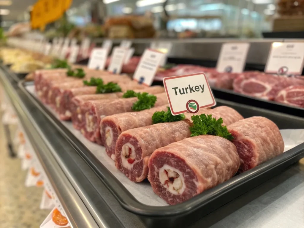 Fresh turkey necks in a butcher shop