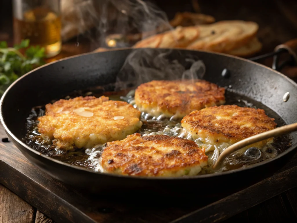 Cheesy potato pancakes frying to golden perfection.