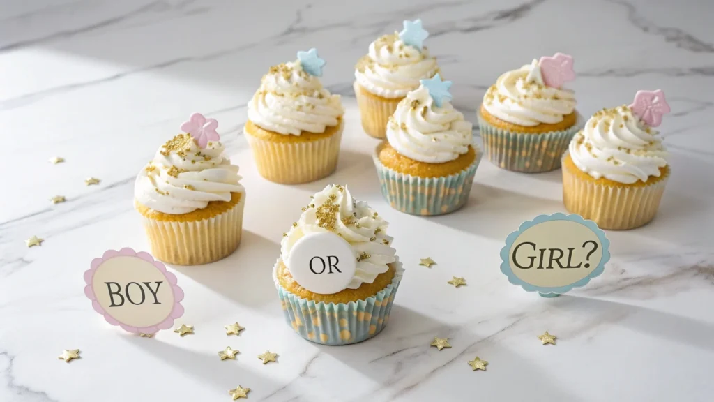 Gender reveal cupcakes with white buttercream frosting, gold sprinkles, and baby-themed toppers on a marble countertop.