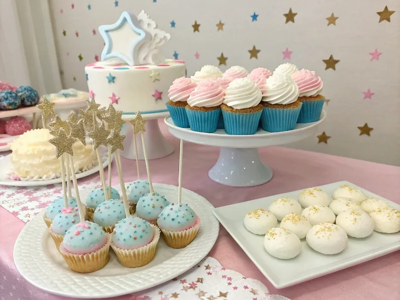 A beautifully arranged dessert table featuring gender reveal cupcakes, cake pops, and surprise-filled cookies.