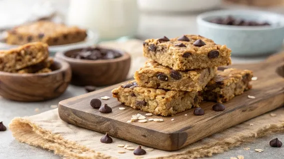 Healthy Chocolate Chip Oatmeal Bars stacked on a wooden board