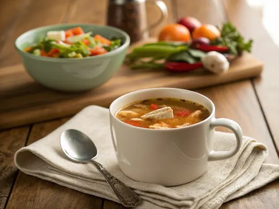 A warm mug of consomé de pollo for health benefits