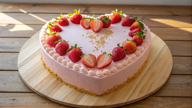 Perfect heart cake with pink buttercream and strawberries