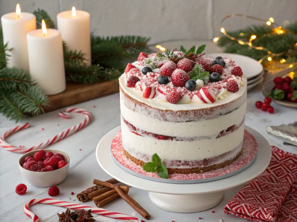 Holiday peppermint cake with white frosting and fresh berries.