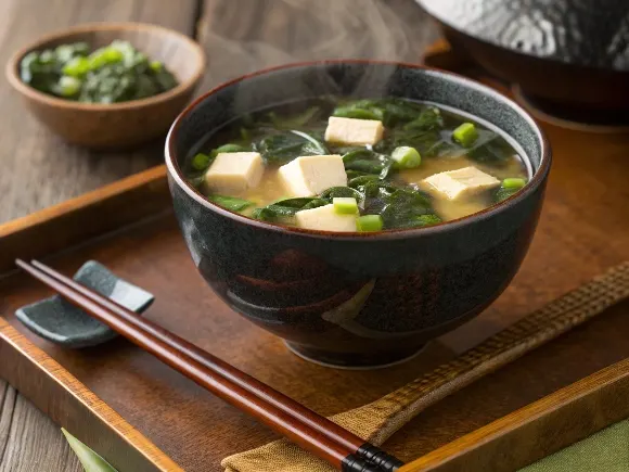 Traditional Japanese miso soup with tofu and seaweed.