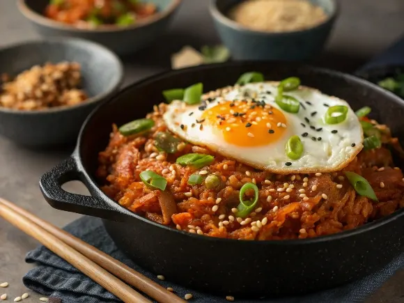 Korean kimchi fried rice with egg and sesame seeds.