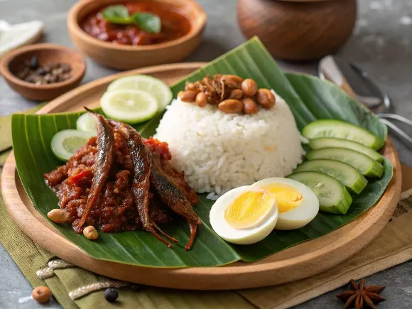 Malaysian nasi lemak with sambal and coconut rice.