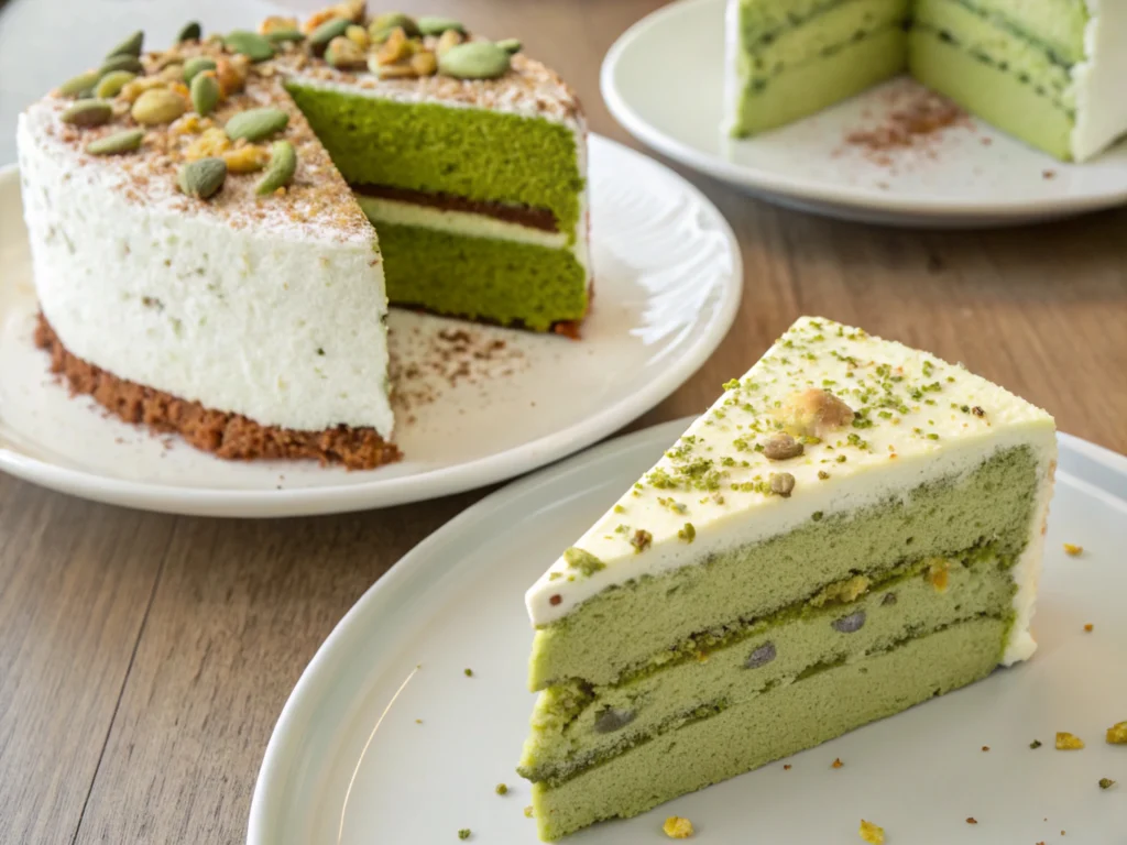 Matcha green tea cake and pistachio cake with toppings.