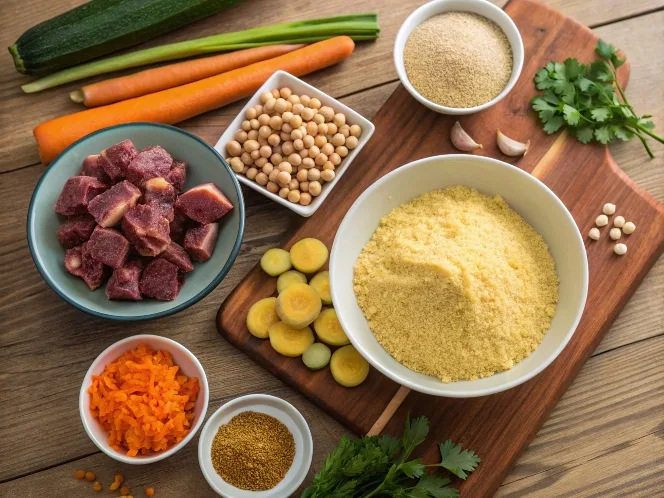 Traditional Moroccan couscous ingredients on a rustic table