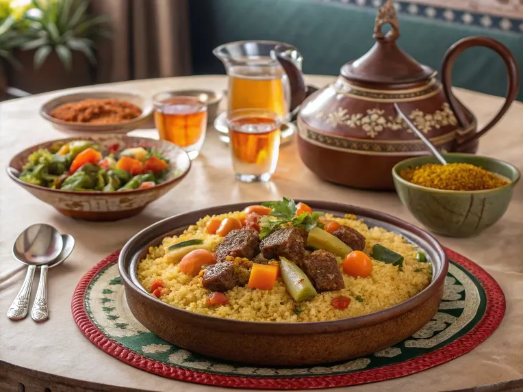 Traditional Moroccan couscous served with mint tea on a round table