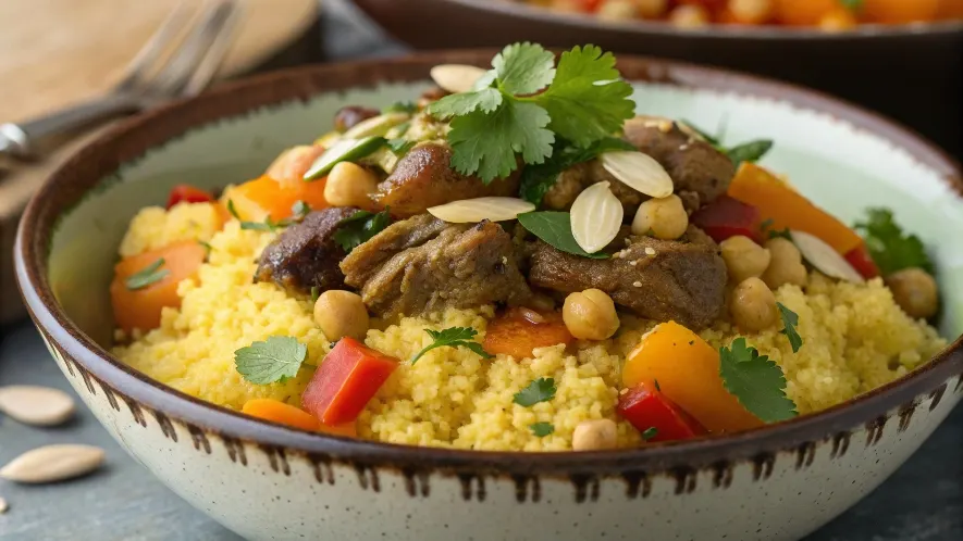 Close-up of Moroccan couscous with vegetables and lamb