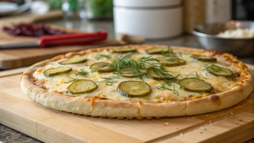 Freshly baked pickle pie pizza with melted cheese and pickles.