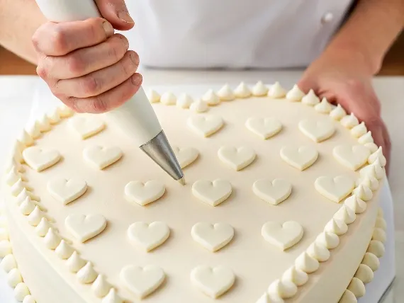 Piping buttercream hearts onto a cake