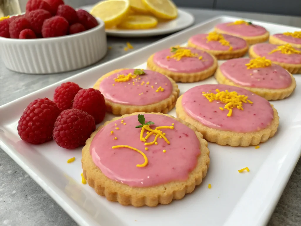 Raspberry lemon sugar cookies with zest garnish