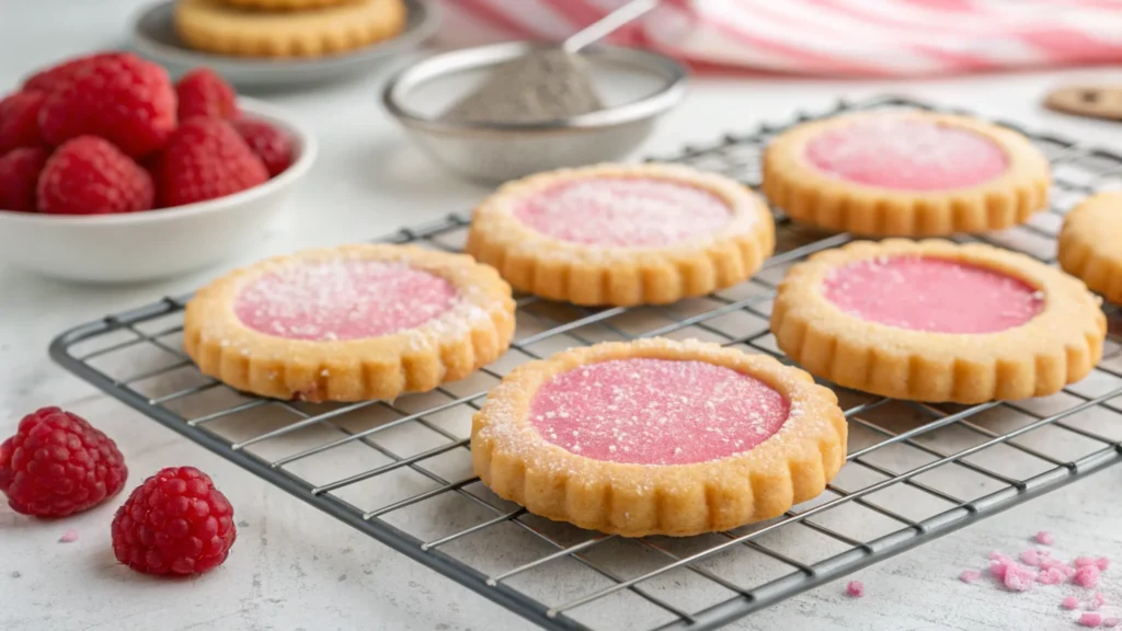 Freshly baked raspberry sugar cookies with sugar crystals