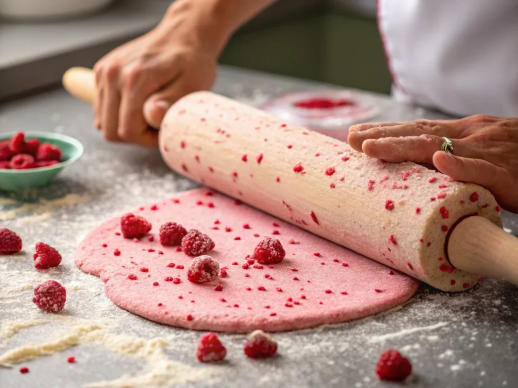 Rolling out raspberry sugar cookie dough