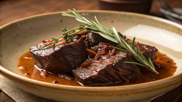 Slow-cooked beef cheek meat on a plate