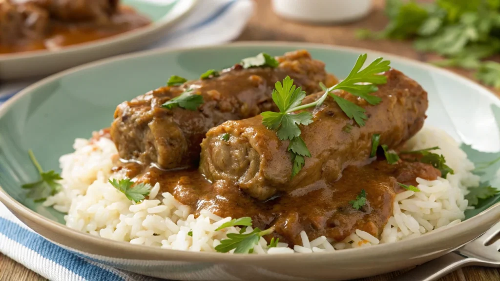 Smothered turkey necks with gravy and rice