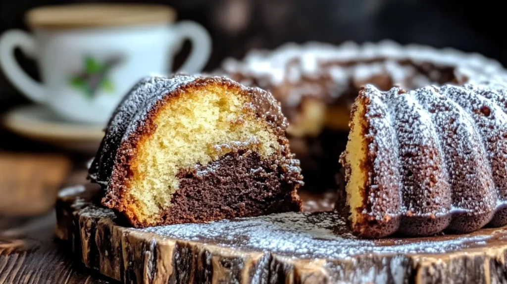 Freshly baked sourdough chocolate cake with powdered sugar