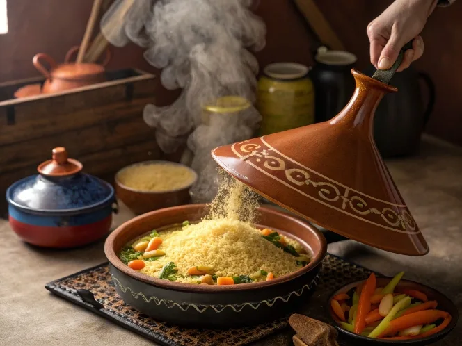 Traditional Moroccan couscous steaming in a couscousière