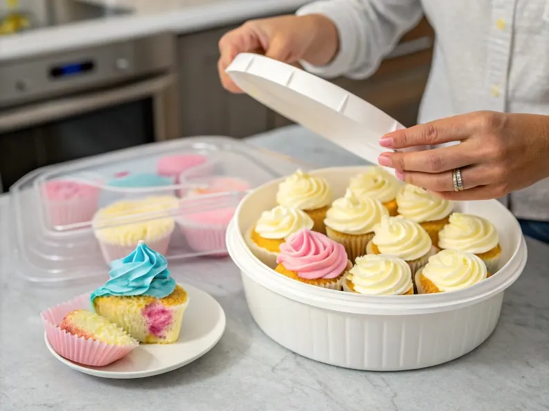 A person placing gender reveal cupcakes in a white airtight container for storage.