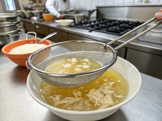 Straining chicken consommé for a clear broth