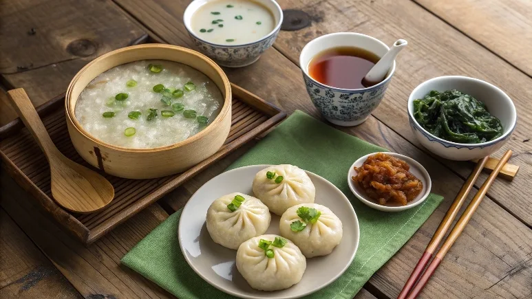 Traditional Asian breakfast with congee, miso soup, kimchi, and baozi.