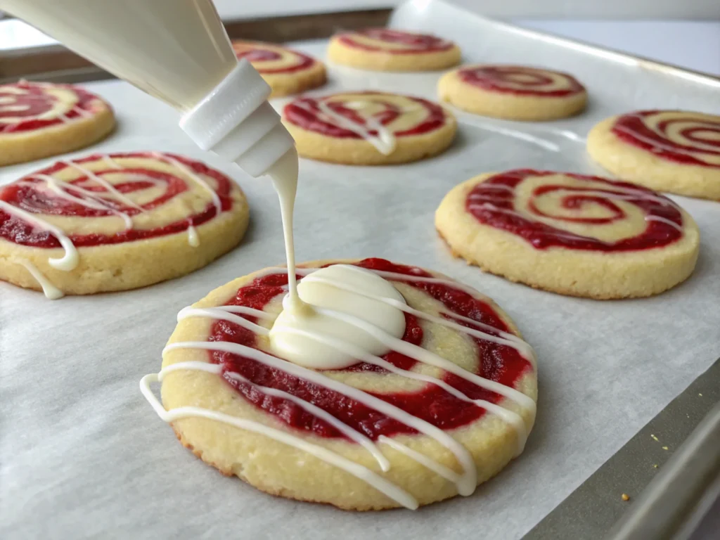 Drizzling white chocolate over raspberry sugar cookies