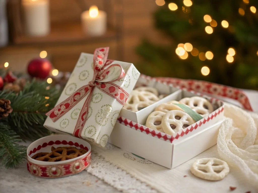 White chocolate pretzels in a gift box