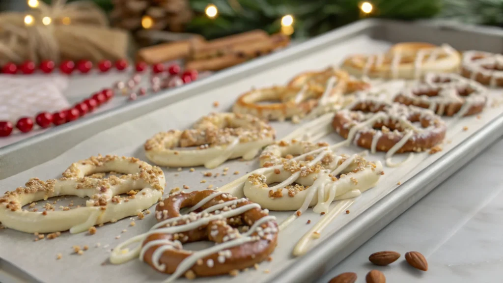 White chocolate with pretzels, drizzled and garnished