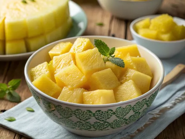 Bowl of fresh yellow watermelon cubes with juicy texture