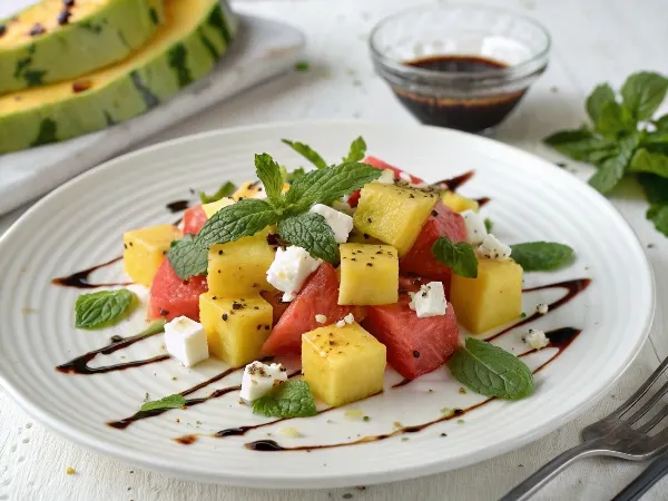 Yellow watermelon salad with feta cheese and mint leaves