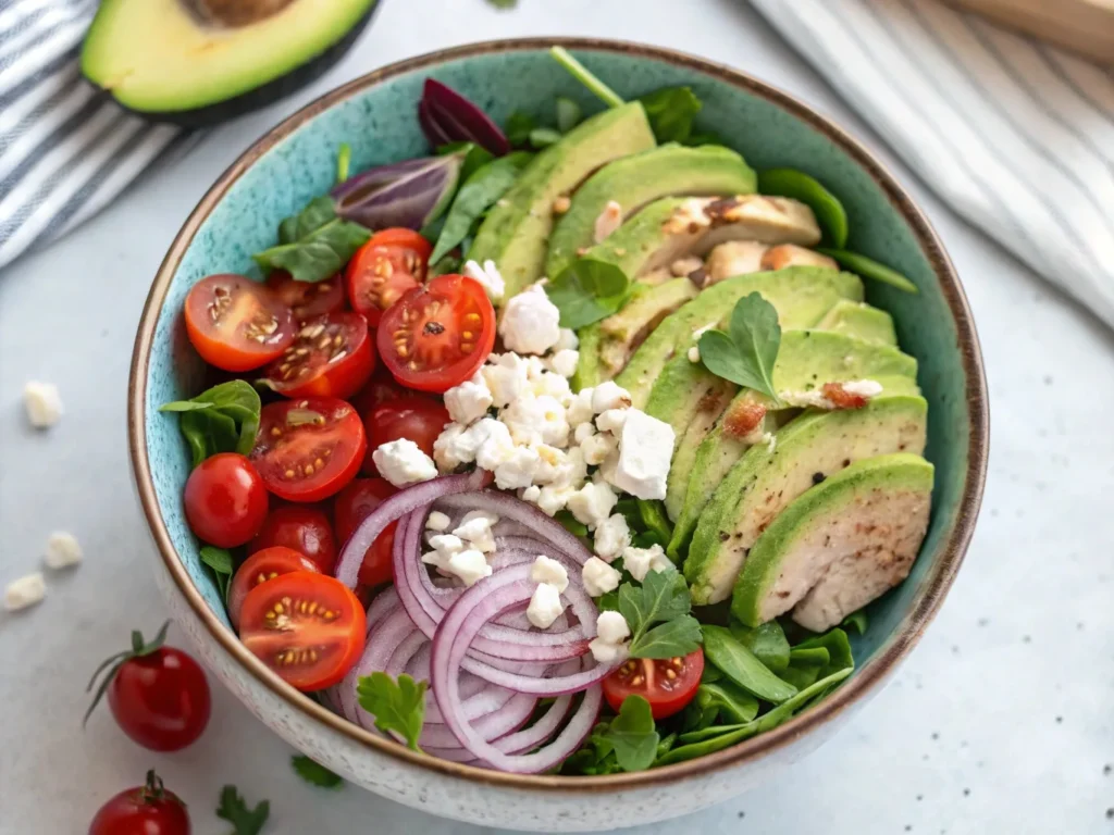 Healthy avocado chicken salad with fresh vegetables