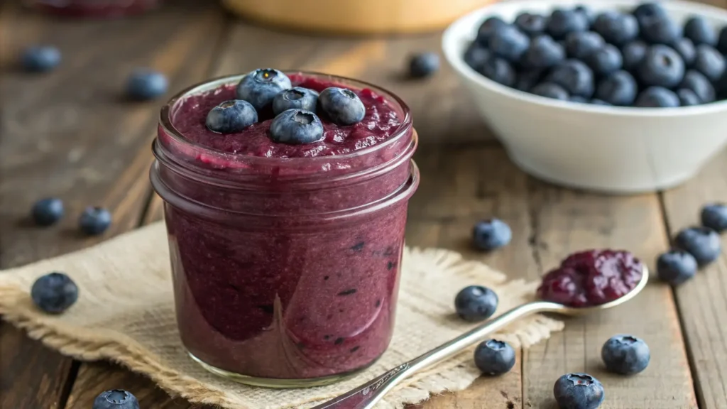 A vibrant jar of blueberry freezer jam, topped with fresh blueberries.