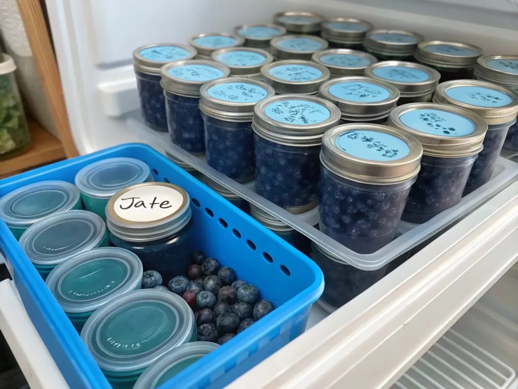 Freezer containers filled with blueberry jam