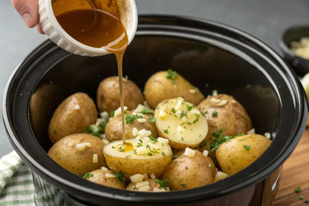 Butter and garlic being poured over potatoes in a slow cooker.