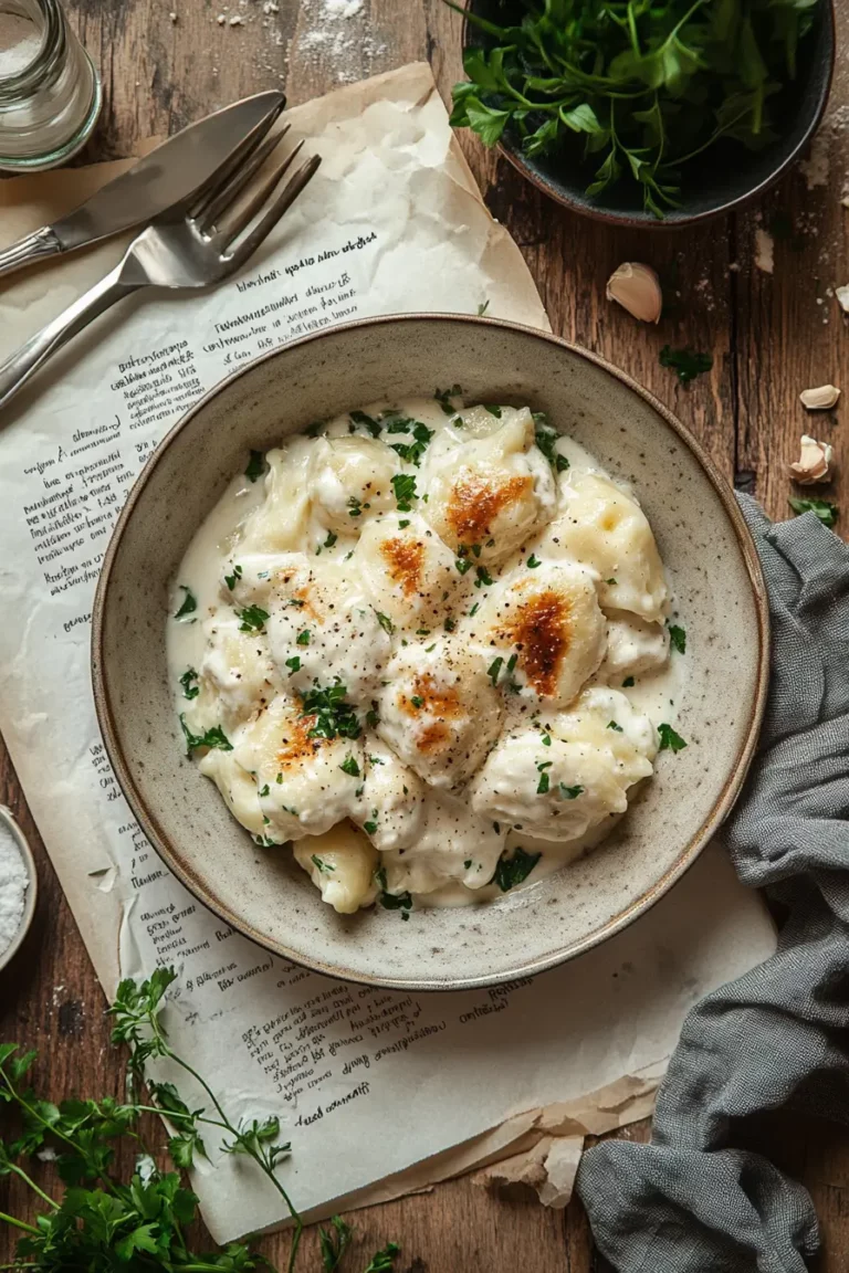 Chicken Alfredo Pierogi Casserole recipe card with ingredients and final dish