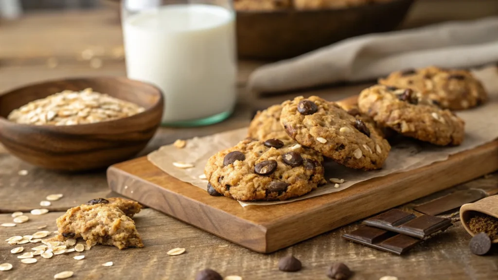 Fresh homemade lactation cookies with oats, flaxseeds, and chocolate chips.