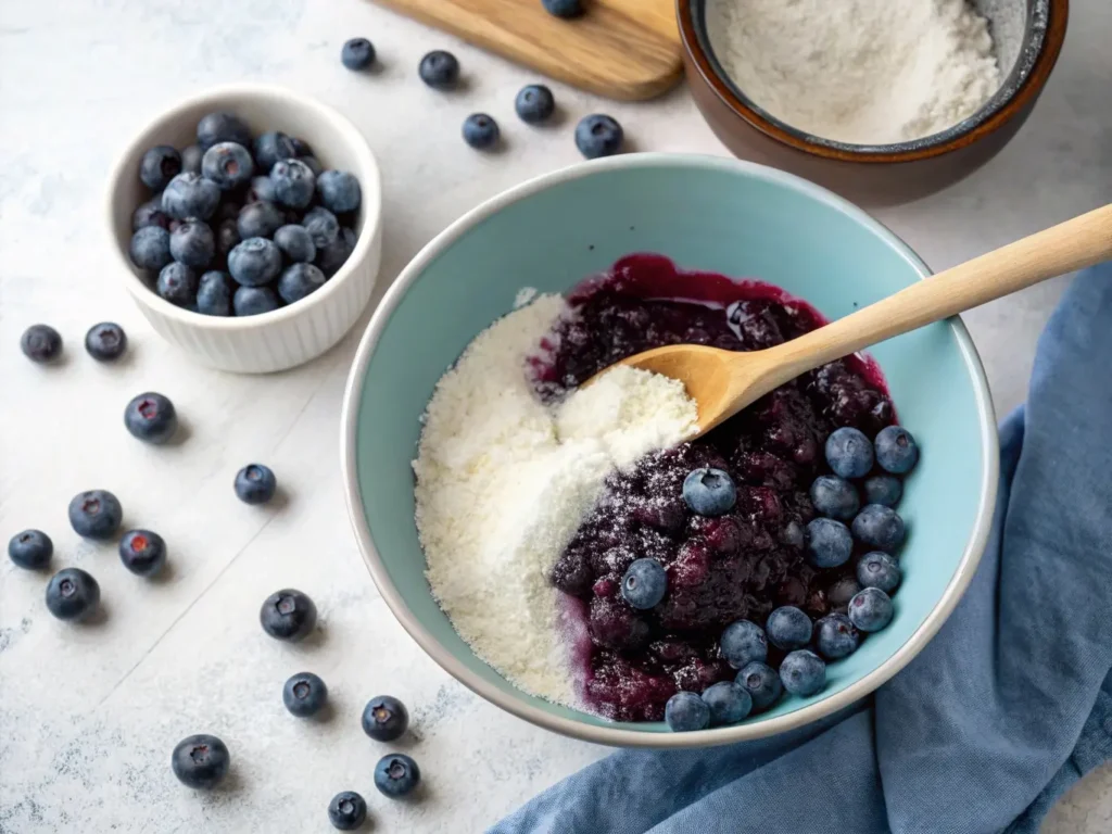 Blueberry Freezer Jam Recipe. Blueberries mixed with sugar and pectin