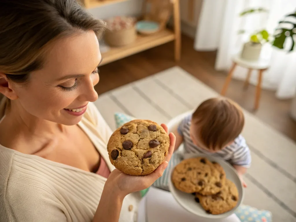 Breastfeeding mom eating a lactation cookie.