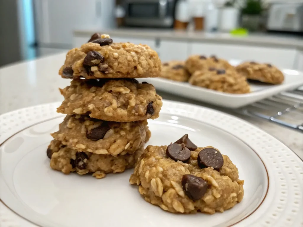 No-bake lactation cookies stacked on a plate.