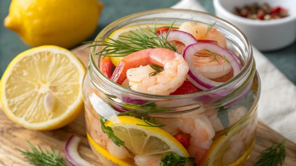 Tangy pickled shrimp with lemon and dill in a glass jar.