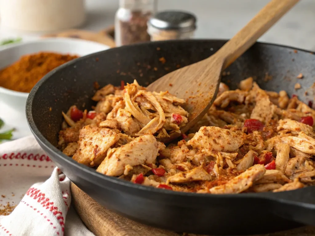 shredded chicken recipes cooking in a skillet with spices