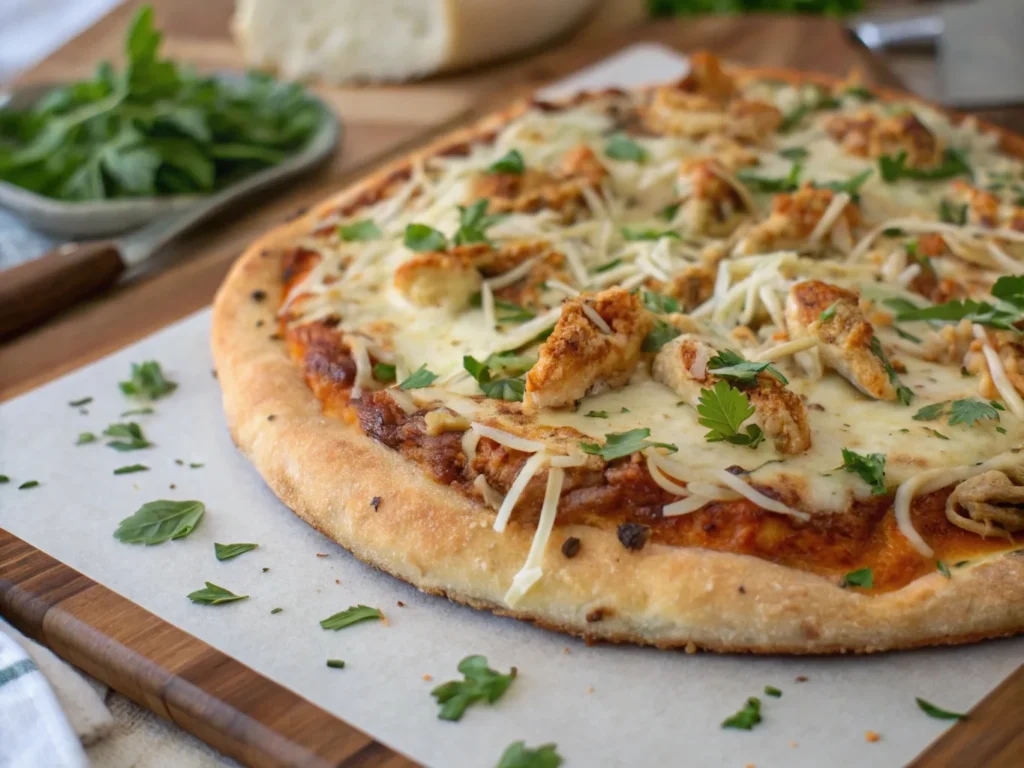 Shredded chicken pizza with melted cheese and fresh herbs