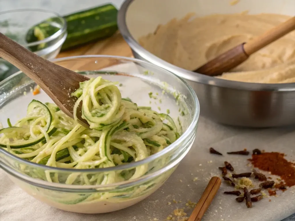 Fresh shredded zucchini being mixed into bread batter