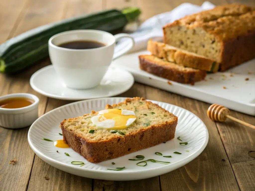 Warm zucchini bread with butter and honey