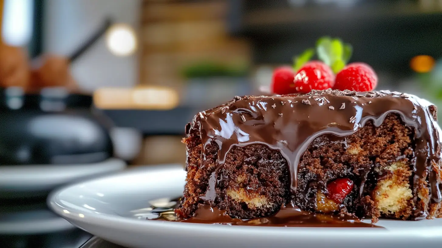 A close-up of a moist chocolate cake on a plate, soft natural light